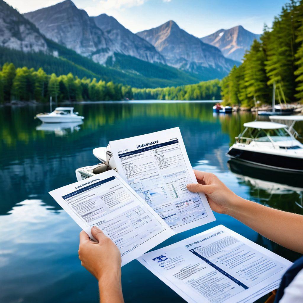 An informative scene showing a sailor examining various boat insurance quote documents, surrounded by different types of watercraft like yachts and speedboats on a serene lake. Include visual elements like a compass and a chart, symbolizing navigation, along with digital screens displaying coverage options in the background. The setting should be bright and inviting, reflecting a summer day. super-realistic. vibrant colors. natural scenery.