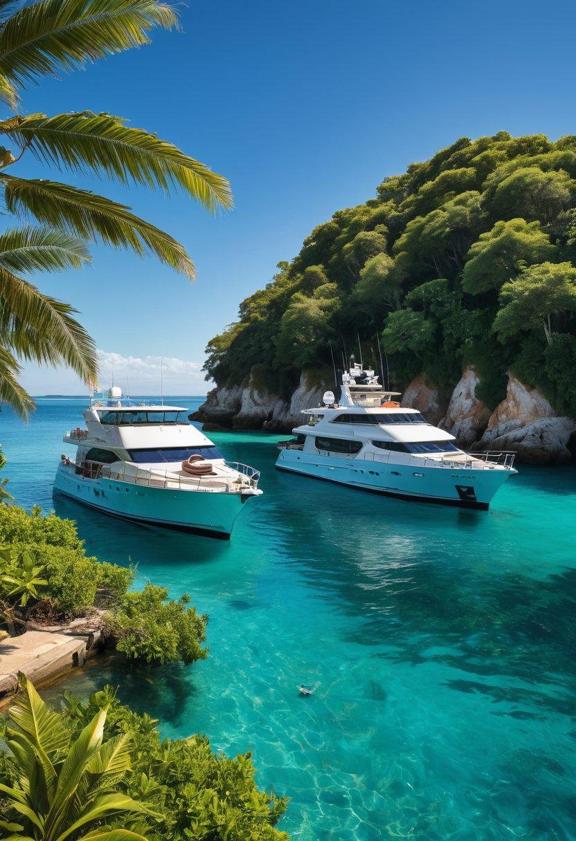 A juxtaposition of a sturdy fishing vessel and a luxurious yacht anchored side by side in calm turquoise waters. In the foreground, a confident marine insurance agent explaining coverage options to a diverse group of boat owners. Lush greenery and a clear blue sky in the background, emphasizing safety and security on the water. The image conveys trust and professionalism in marine insurance. super-realistic. vibrant colors. nautical theme.