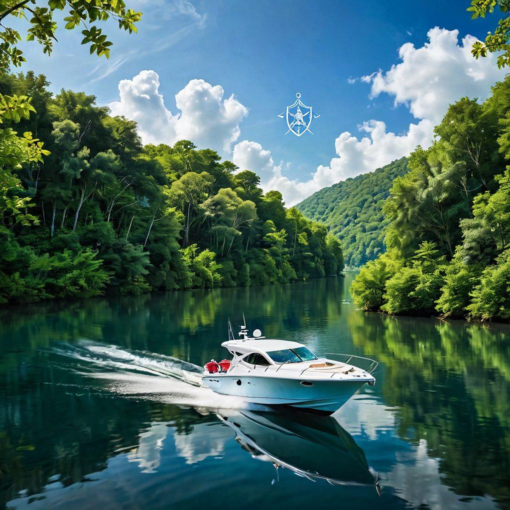 A serene boat navigating through tranquil waters, surrounded by lush greenery and blue skies. Symbolic icons of insurance coverage, like a shield and checkmarks, subtly overlay the scene to represent security and protection in boating. Include a subtle compass rose in the corner to signify guidance. The image should evoke feelings of safety and adventure. super-realistic. vibrant colors. white background.